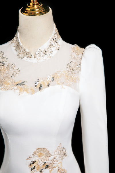 White Mermaid High Neck Sequins Lace Prom Dress