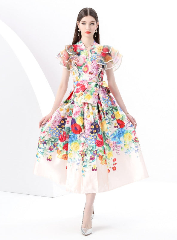 V-neck Ruffled Stitching Printed Long Dress