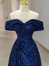 Royal Blue Sequins Off the Shoulder Pleats Prom Dress