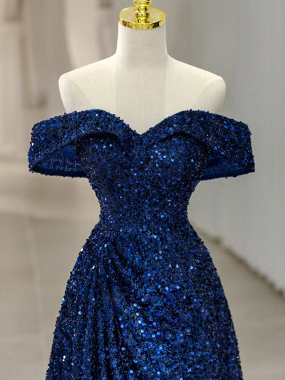 Royal Blue Sequins Off the Shoulder Pleats Prom Dress