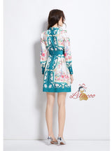 Retro Lapel Button Printed Dress