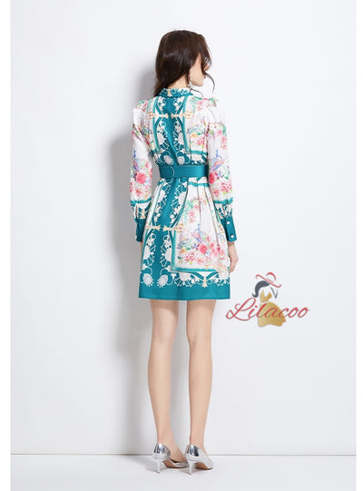 Retro Lapel Button Printed Dress