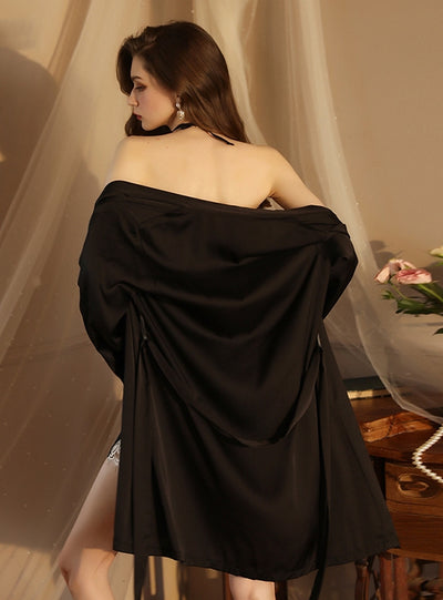 Long Sleeve Satin Lace Pajamas Suit Set