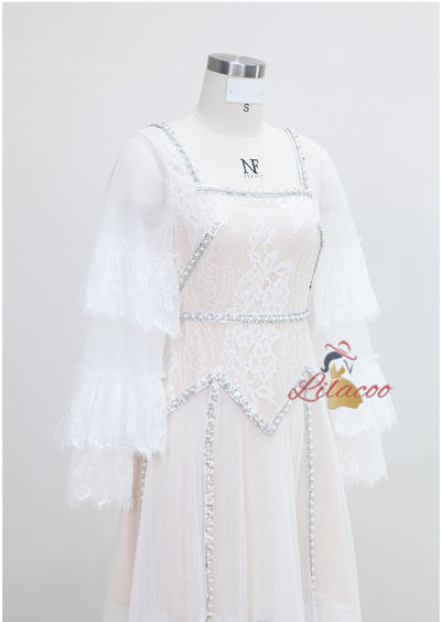White Lace Long Sleeve Beading Prom Dress