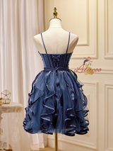 Navy Blue Tulle Straps Pearls Homecoming Dress