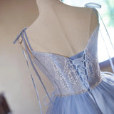 Blue Tulle Lace Straps Homecoming Dress