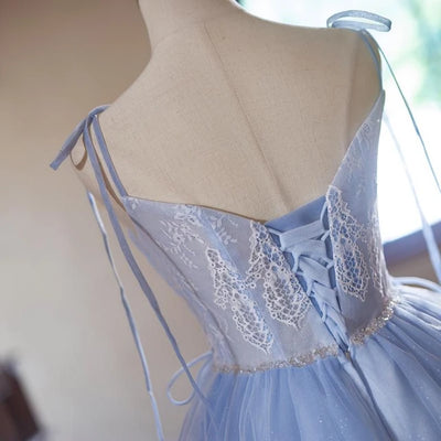 Blue Tulle Lace Straps Homecoming Dress