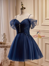 Navy Blue Straps Tulle Pleats Homecoming Dress