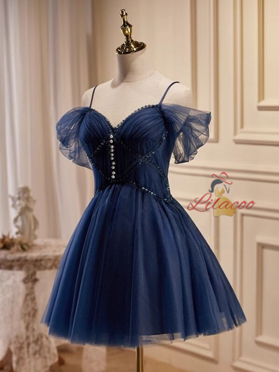 Navy Blue Straps Tulle Pleats Homecoming Dress