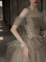 Tulle Off the Shoulder Pleats Appliques Prom Dress