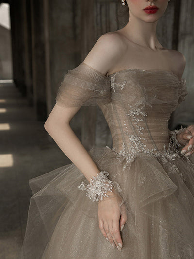 Tulle Off the Shoulder Pleats Appliques Prom Dress