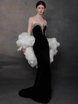 Burgundy Velvet Pearls Prom Dress