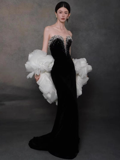 Burgundy Velvet Pearls Prom Dress