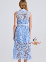 Blue Lace Embroidered Lapel Sleeveless Dress