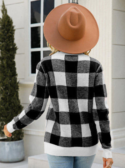 Long Sleeve Round Neck Plaid Sweater