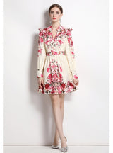 Long-sleeved Vintage Printed V-neck Dress