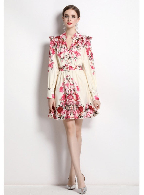 Long-sleeved Vintage Printed V-neck Dress