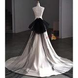 White Satin Halter Black Tulle Backless Wedding Dress