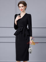 Black V-neck Long Sleeve Mother Of The Bride Dress