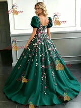 Green Tulle Puff Sleeve Appliques Prom Dress