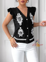 Ethnic Print V-neck Flying Sleeve Vest Shirt