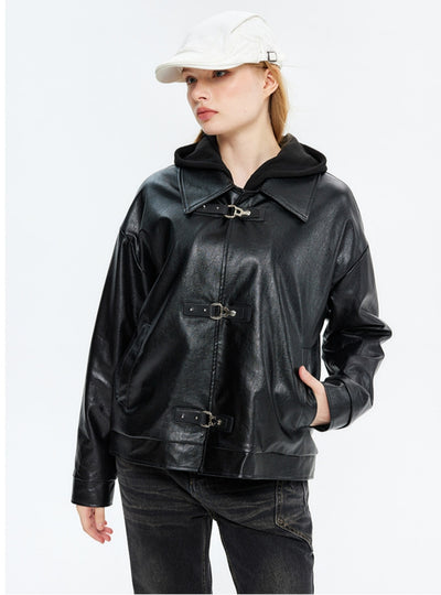 Button Lapel Long Sleeve Jacket PU Leather Coat