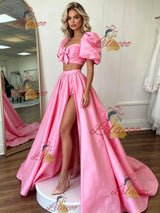 Pink Satin Puff Sleeve Prom Dress