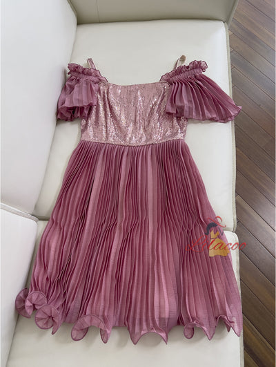 Rose Red Bubble Sleeve Sequins Dress