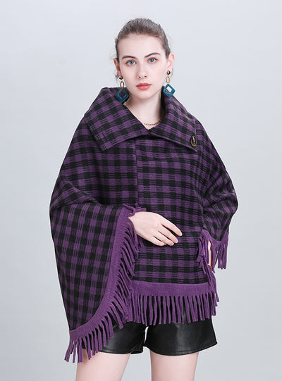Plaid Tassel Pullover Cloak Shawl