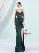 Burgundy Mermaid Sequins Spaghetti Straps Prom Dress