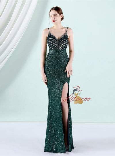 Burgundy Mermaid Sequins Spaghetti Straps Prom Dress