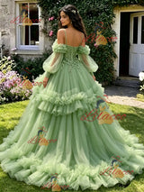 Green Tulle Straps Long Sleeve Beading Quinceanera Dress