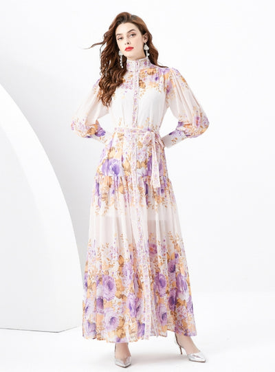 Retro Long Sleeve Slim Printed Dress