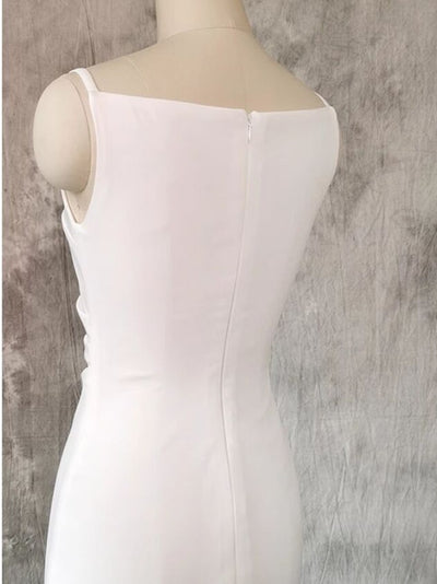 White Spaghetti Straps Pleats Wedding Dress