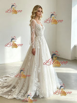 White Tulle Appliques Long Sleeve Wedding Dress