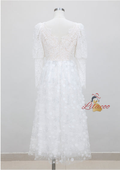 White Lace Long Sleeve V-neck Prom Dress