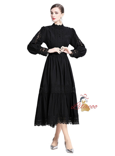 Spliced Stand-up Collar Lantern Sleeve Dress