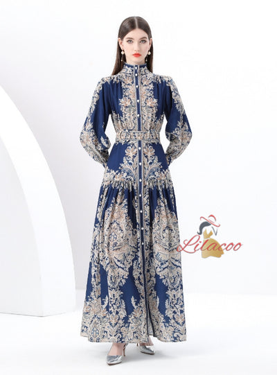 Retro Printed Lantern Sleeve Dress