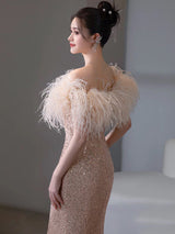 Champagne Mermaid Sequins Feather Prom Dress