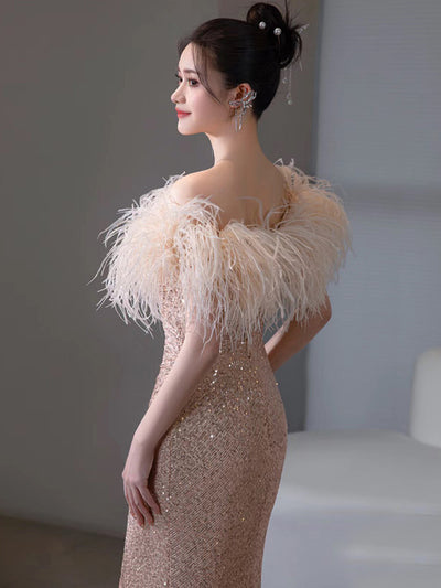 Champagne Mermaid Sequins Feather Prom Dress