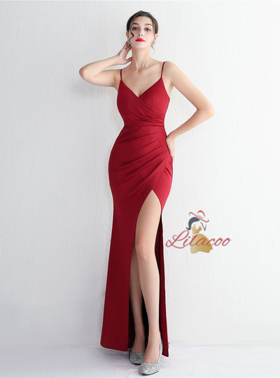 Spaghetti Straps V-neck Split Prom Dress