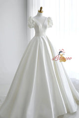 White Satin Puff Sleeve Backless Wedding Dress