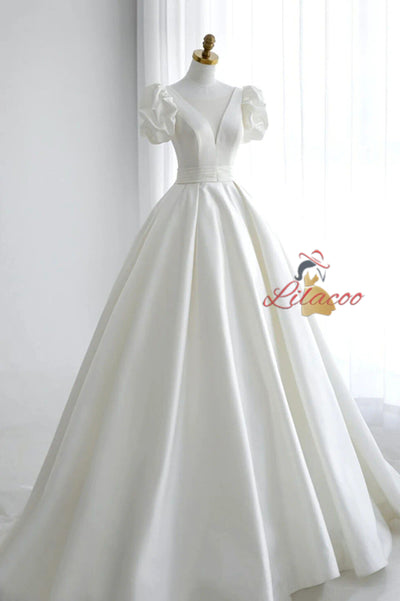 White Satin Puff Sleeve Backless Wedding Dress