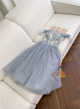 Gray Tulle Lace Pearls Prom Dress