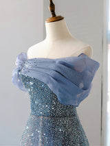 Blue Tulle Sequins Off the Shoulder Pleats Prom Dress