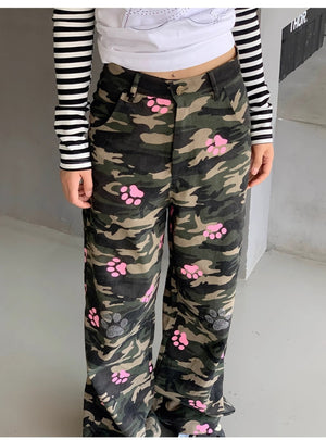 Retro Dog Paw Printed Camouflage Overalls