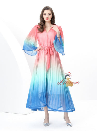 V-neck Flared Sleeve Gradient Dress