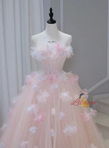 Pink Tulle Off the Shoulder 3D Flower Prom Dress