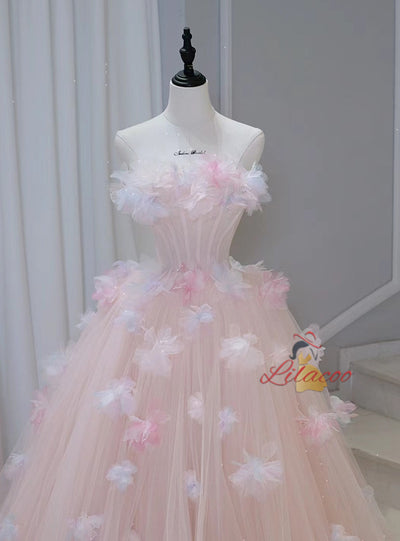 Pink Tulle Off the Shoulder 3D Flower Prom Dress