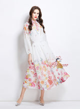 Long-sleeved Printed Chiffon Top Skirt Suit
